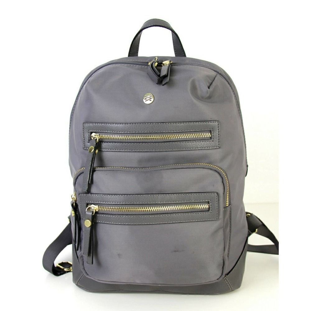 ROOMY TRAVANTI LIGHT GRAY NYLON LEATHER TRIM SHOULDER BAG LAPTOP BACKPACK TOTE